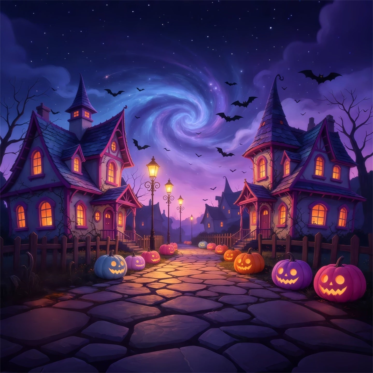 Spooky Town Backdrop Twilight Pumpkin Village Path Large Halloween Backdrops GQ67-83