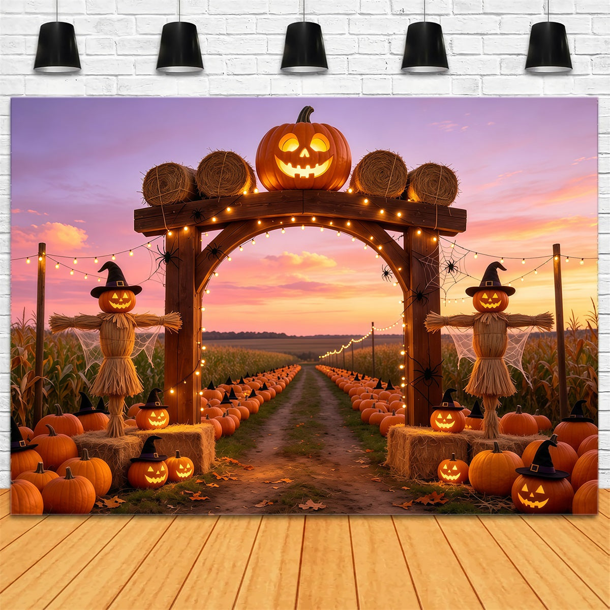 Pumpkin Patch Backdrop Ideas Sunset Scarecrow Farm Photography Halloween Backdrop GQ67-87
