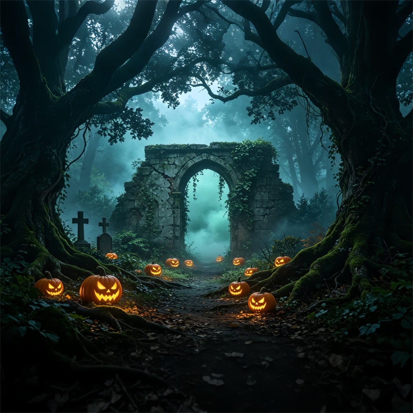 Halloween Forest Backdrop Misty Pumpkin Ruins Path Halloween Wall Backdrops GQ67-88