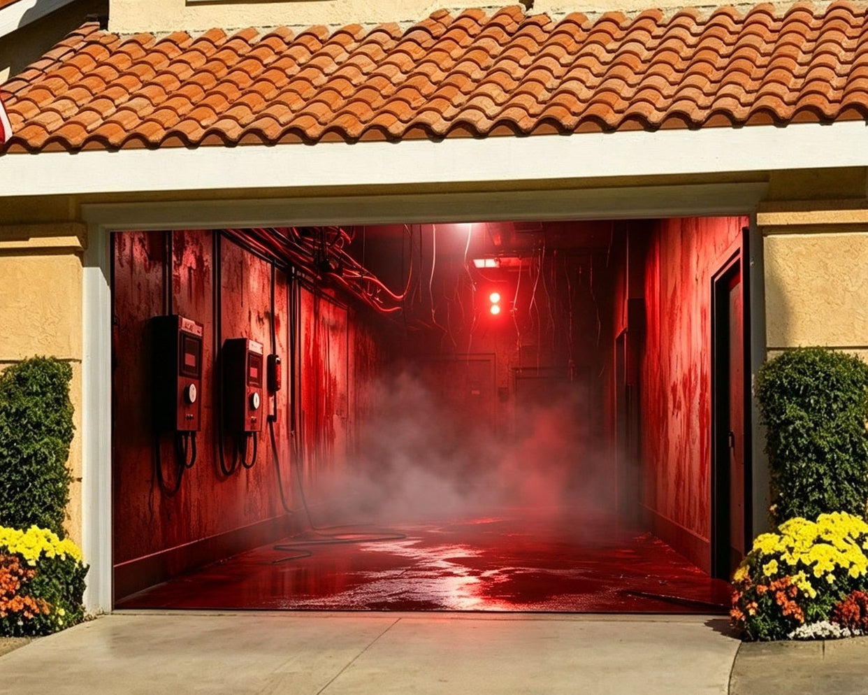 Spooky Backdrop Red Fog Industrial Corridor Halloween Garage Door Sign GQ67-9-2 car
