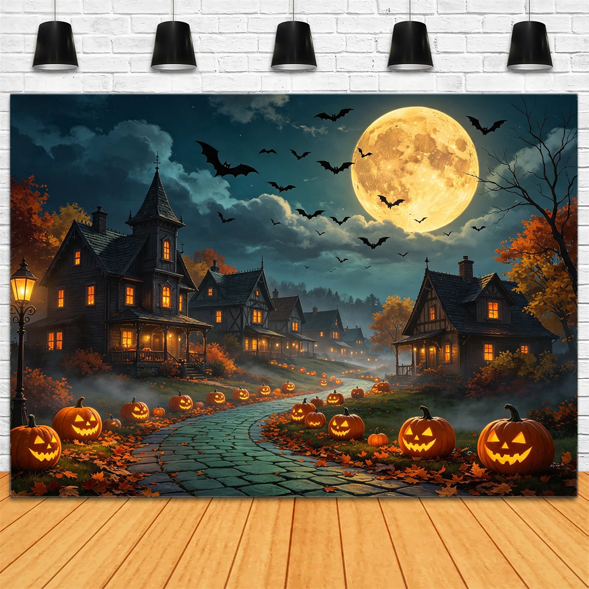 Halloween Village Backdrops Moonlit Pumpkin Road Diy Halloween Backdrop GQ67-90