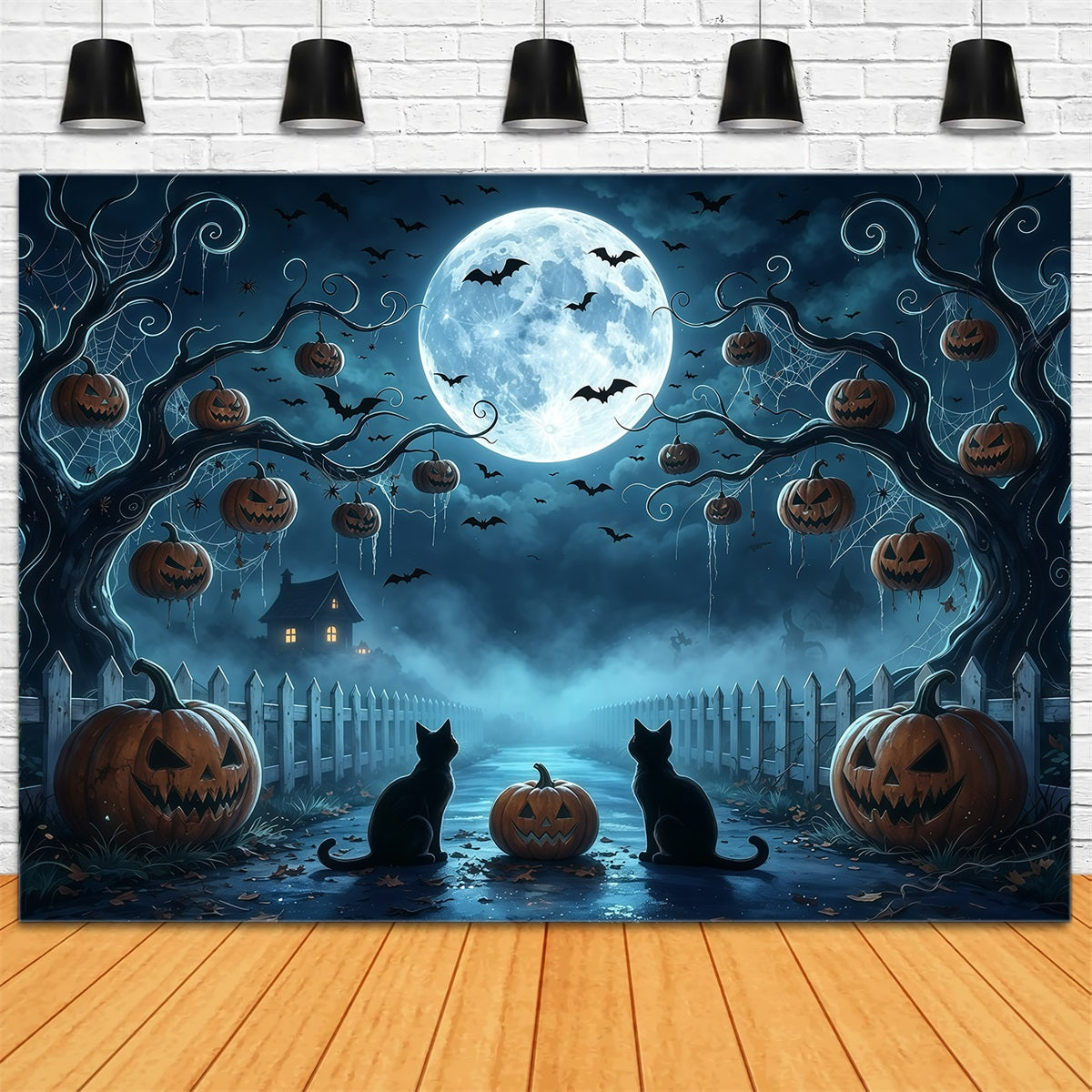 Spooky Tree Backdrop Moonlit Cat Pumpkin Path 10x10 Halloween Backdrop GQ67-91