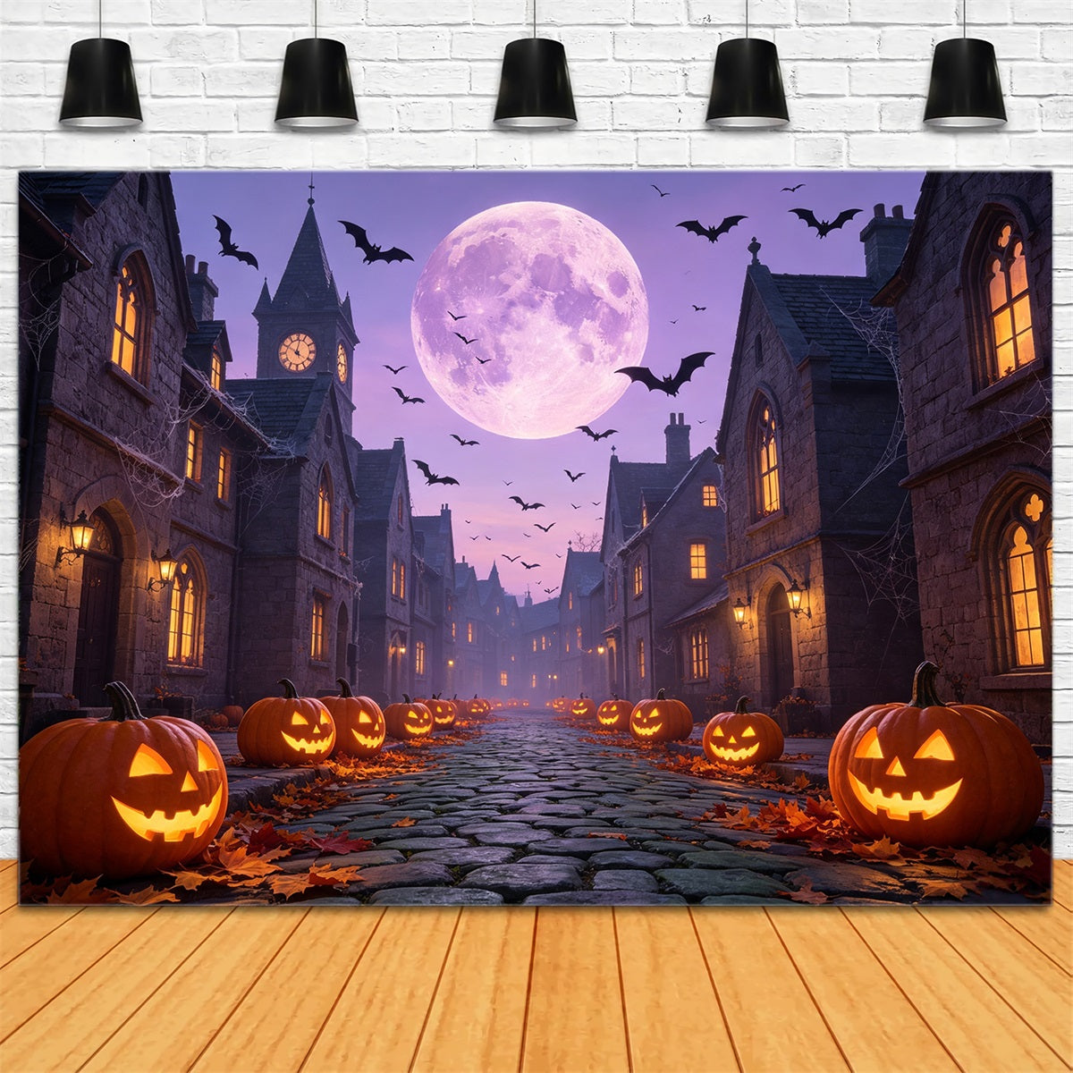 Bats Backdrop Purple Moonlit Pumpkin Street Backdrop For Halloween GQ67-97