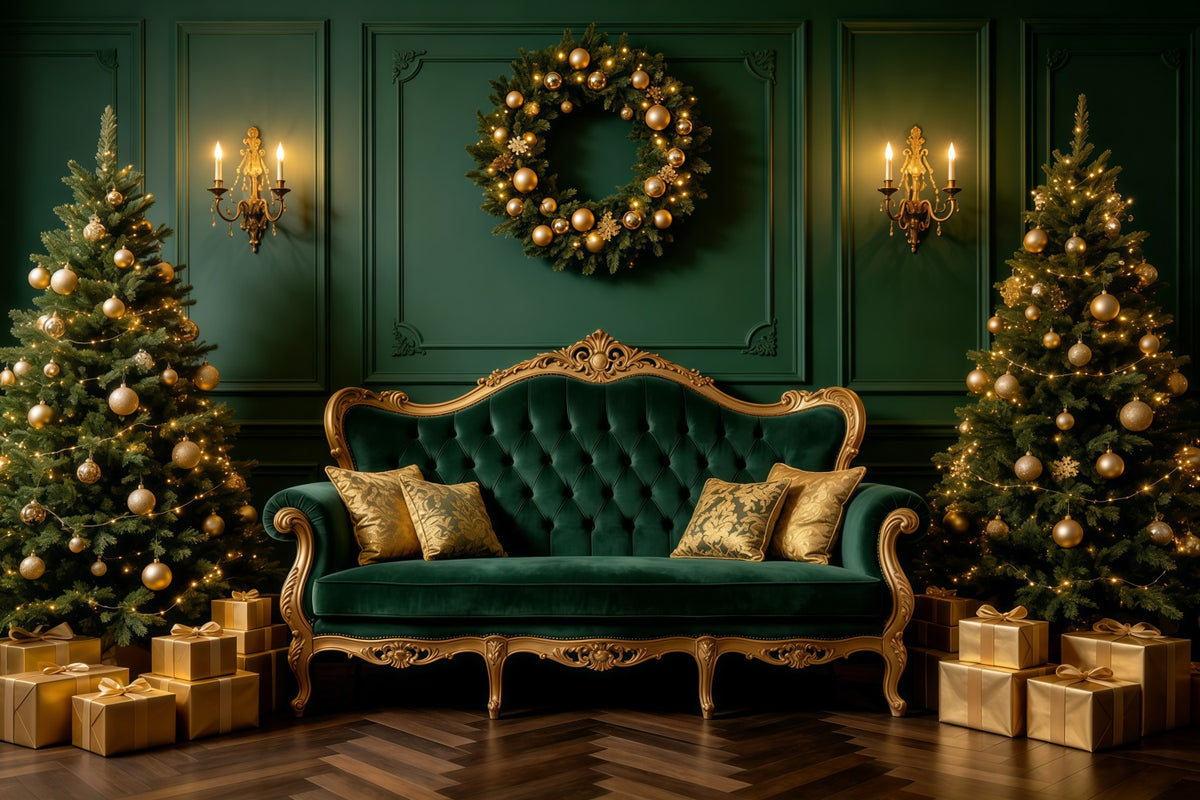 Green Christmas Backdrop Emerald Velvet Sofa Lounge Professional Christmas Backdrops GQ68-121