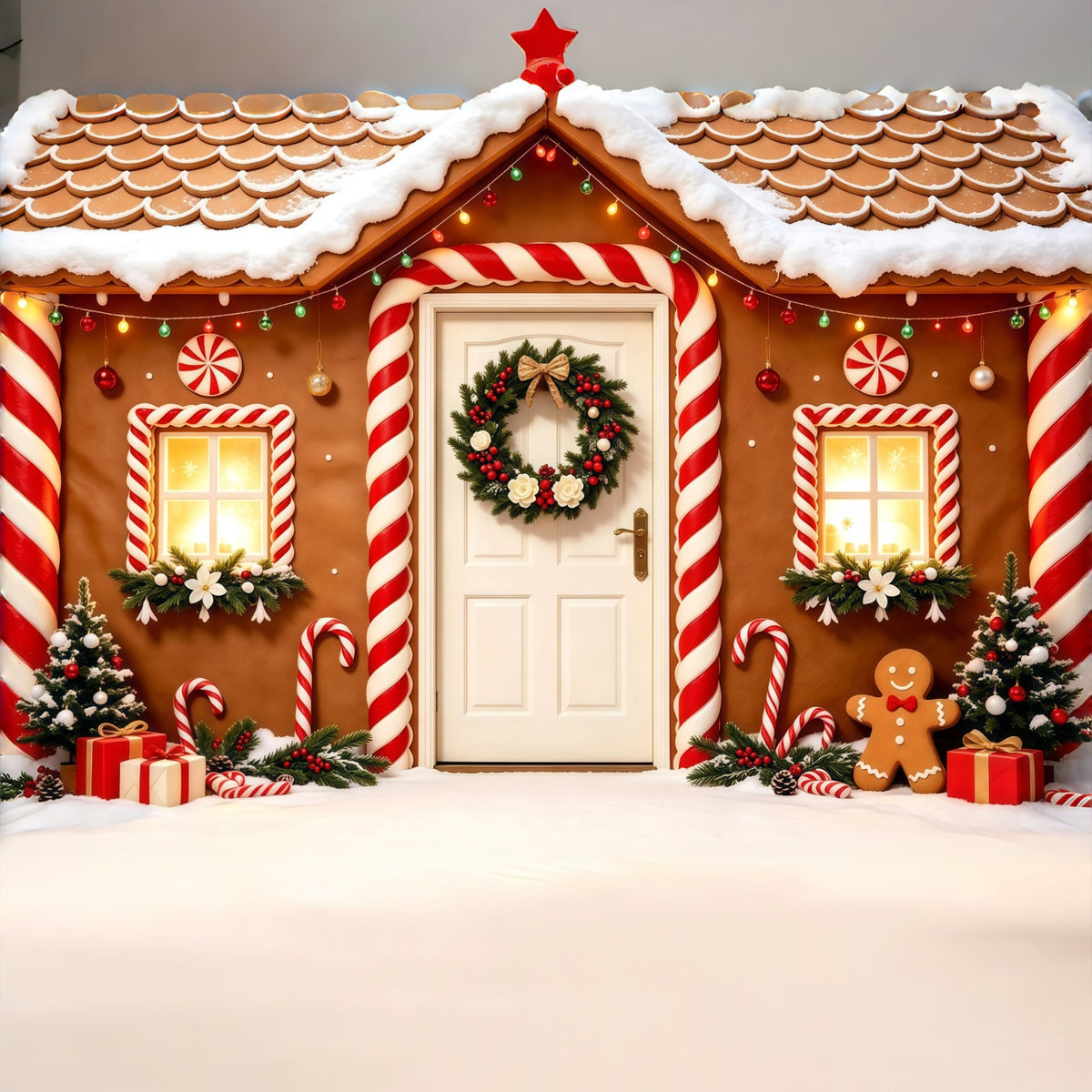 Christmas Gingerbread Backdrop Snowy Candy House Doorway Photo Backdrop Christmas GQ68-123
