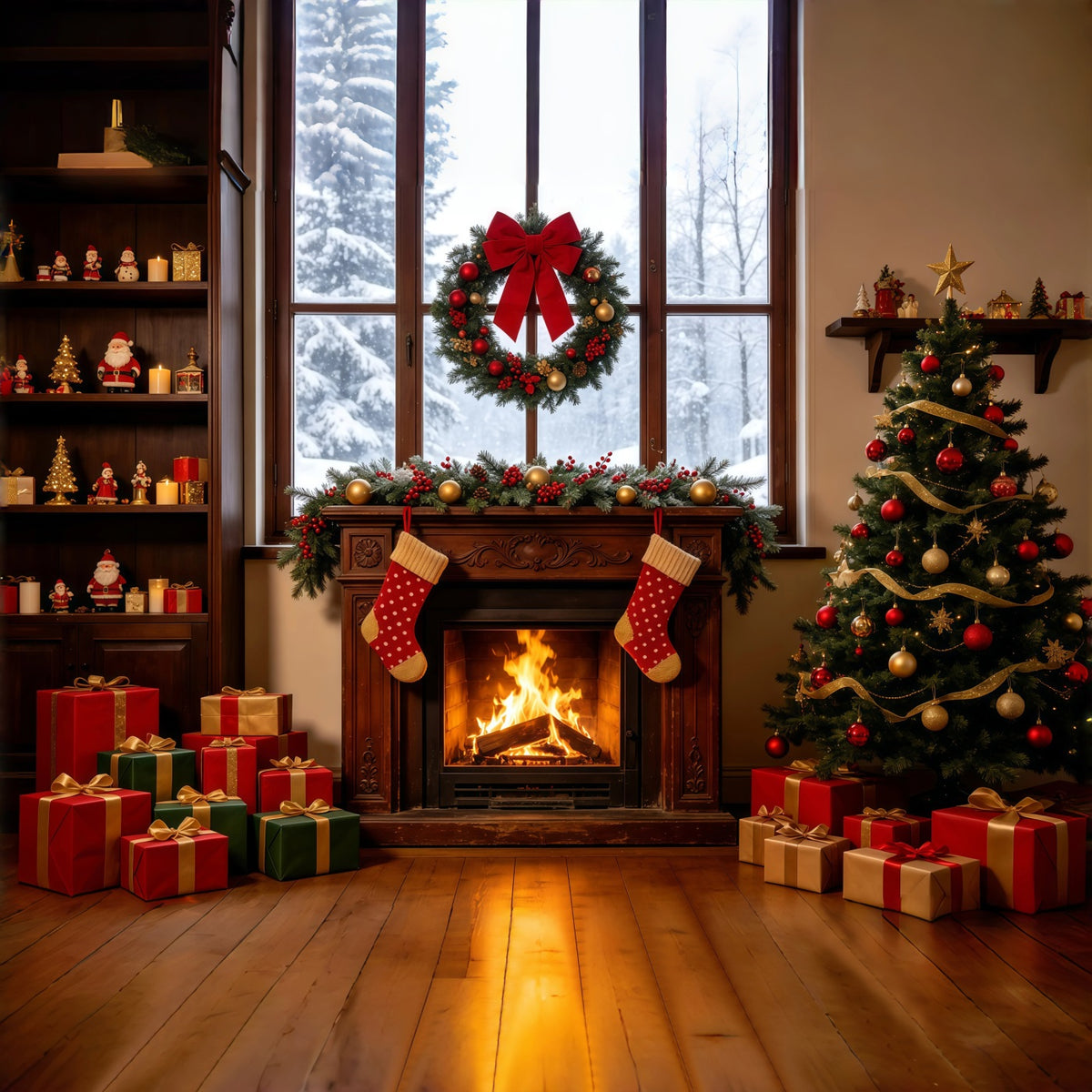 Christmas Window Backdrop Cozy Fireplace Stocking Tree Large Christmas Backdrops GQ68-124