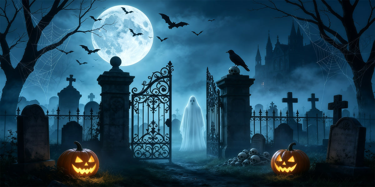 Moonlight Halloween Garage Door Cover Moonlit Ghost Cemetery Gate Halloween Home Exterior Decorations GQ68-15-2 car
