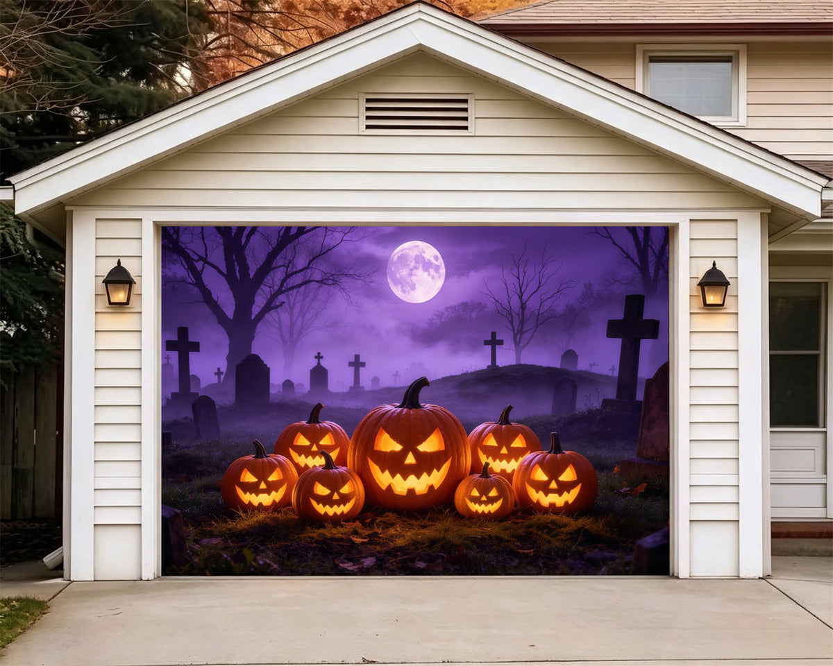 Jack O Lantern Garage Door Cover Purple Moon Pumpkin Graveyard Halloween Outdoor Party Backdrop GQ68-16-1 car
