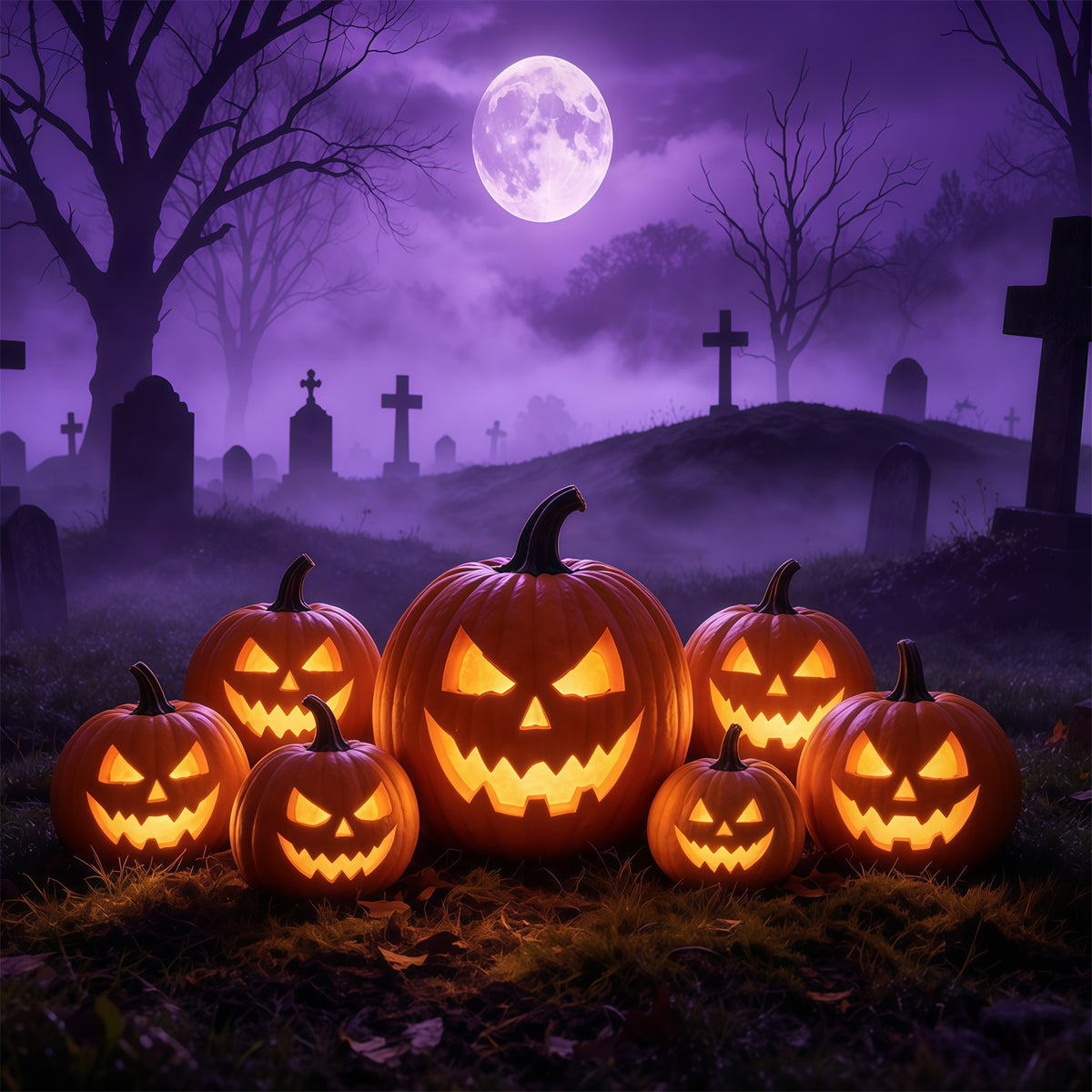 Jack O Lantern Garage Door Cover Purple Moon Pumpkin Graveyard Halloween Outdoor Party Backdrop GQ68-16-1 car