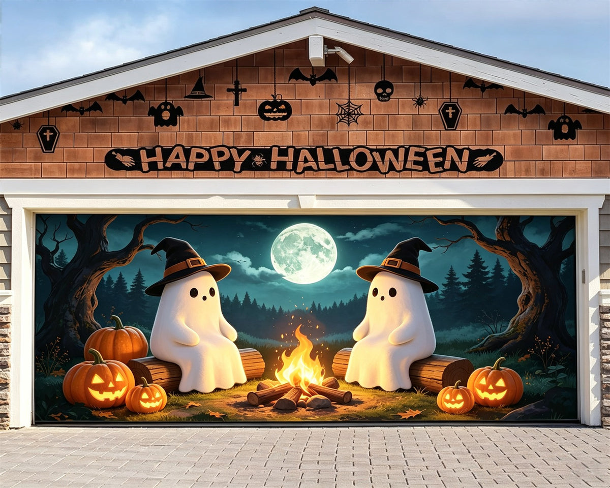 Ghost Halloween Garage Door Cover Moonlit Campfire Gathering Extra Large Halloween Garage Door Cover GQ68-2-2 car