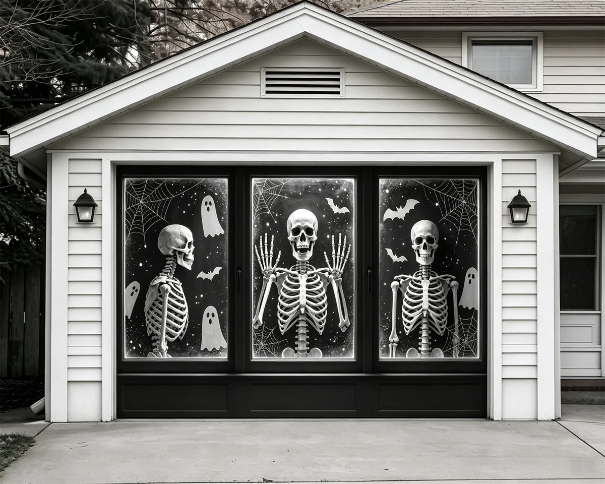 Skeleton Halloween Garage Door Cover Skeleton Ghost Cobweb Window Full Size Halloween Garage Door Cover GQ68-3-1 car