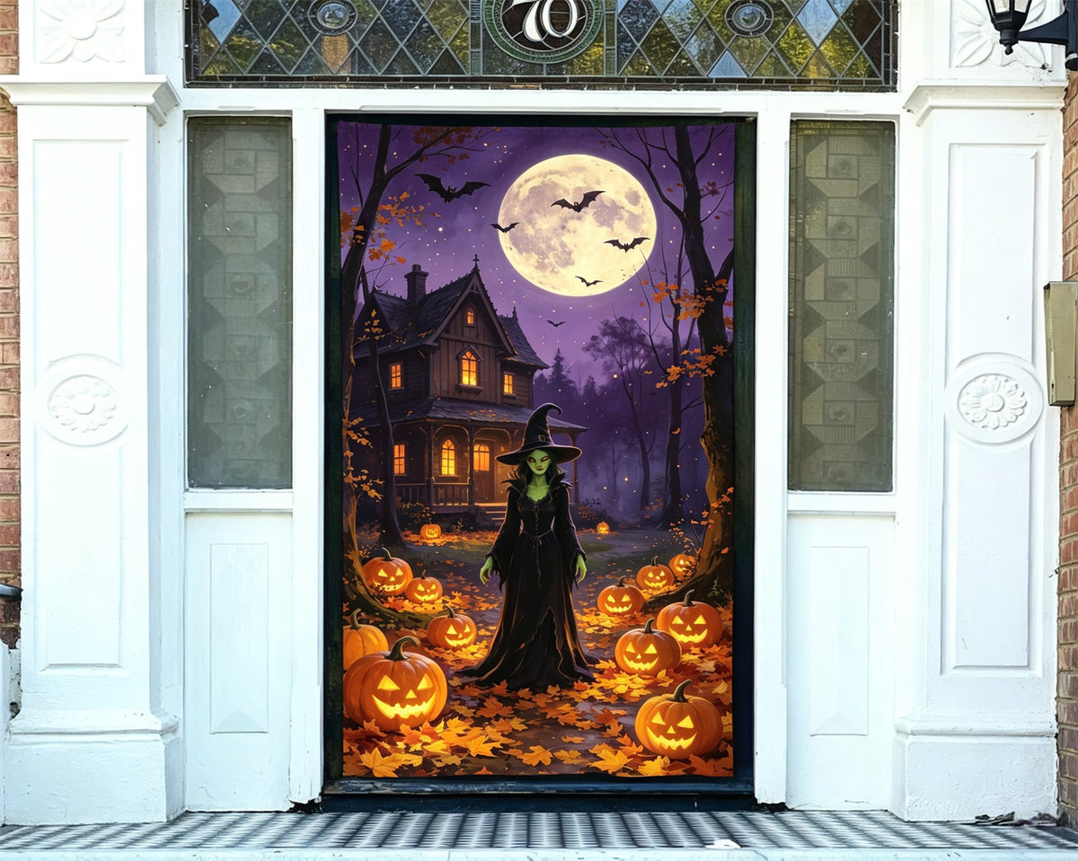 Witch Cottage Door Moonlit Forest Pumpkin Halloween Door Curtain GQ68-48