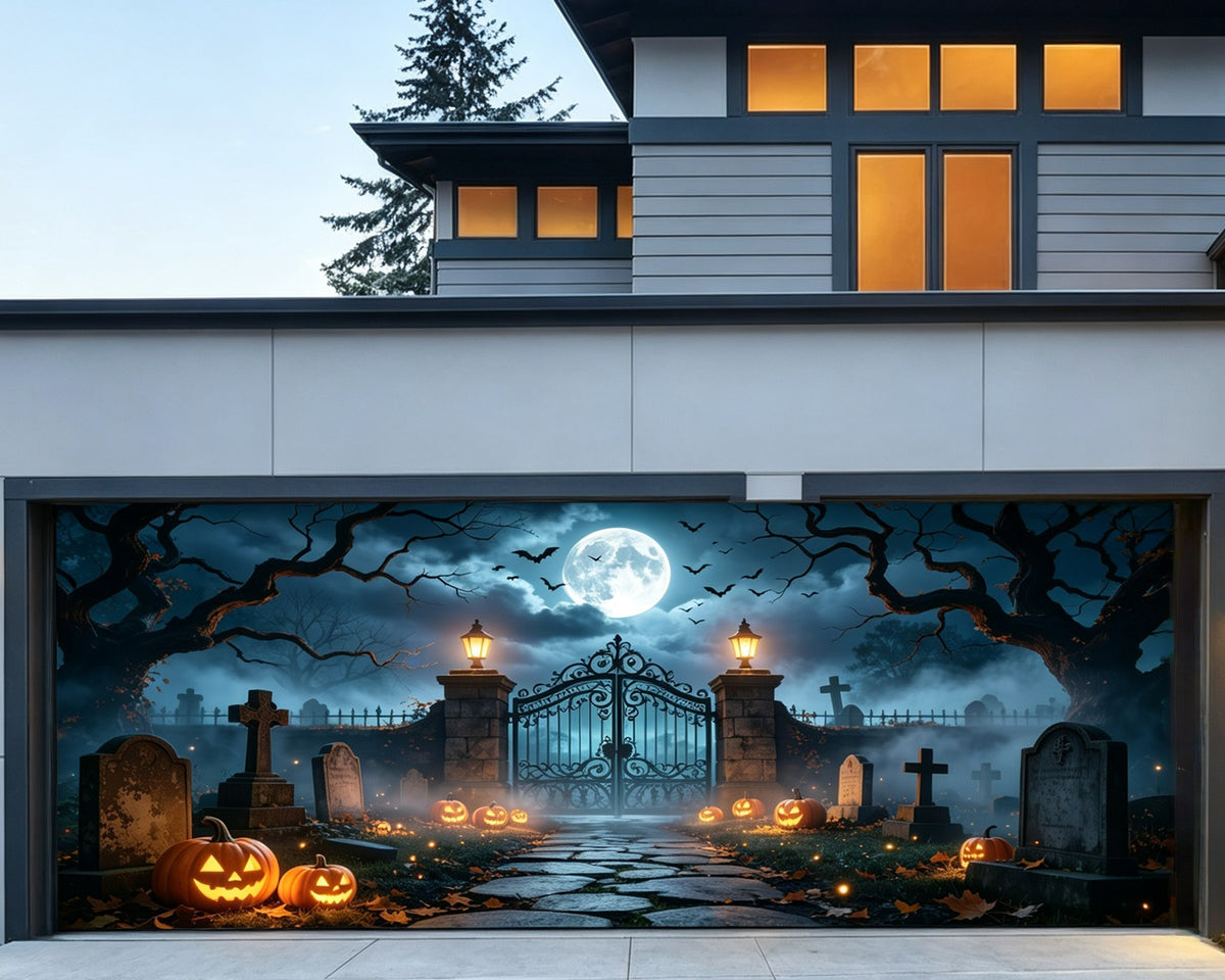 Haunted House Garage Door Cover Moonlit Pumpkin Cemetery Gate Single Garage Door Halloween Cover GQ68-6-2 car
