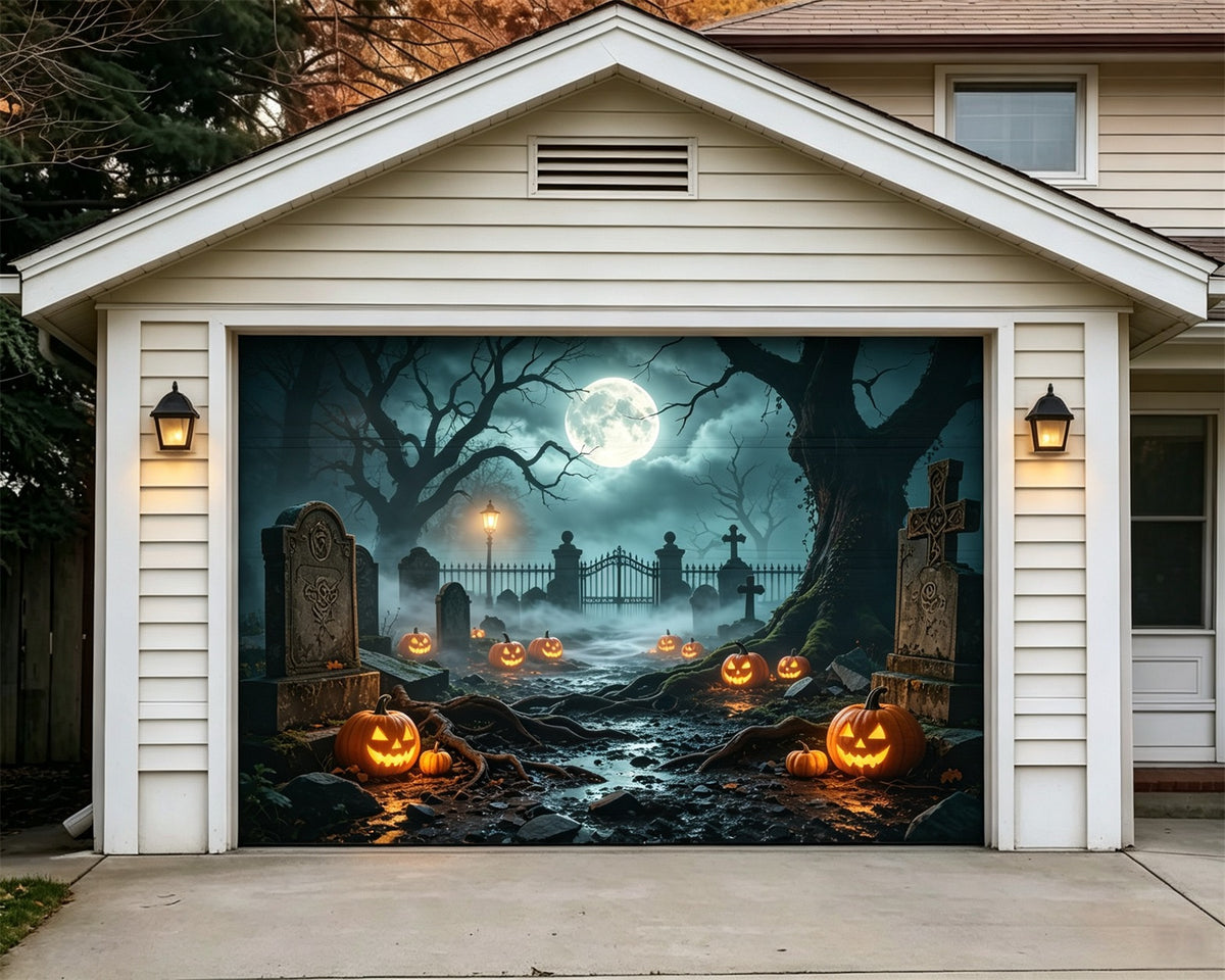 Graveyard Halloween Garage Door Cover Foggy Pumpkin Path Oversized Halloween Garage Door Decor GQ68-7-1 car