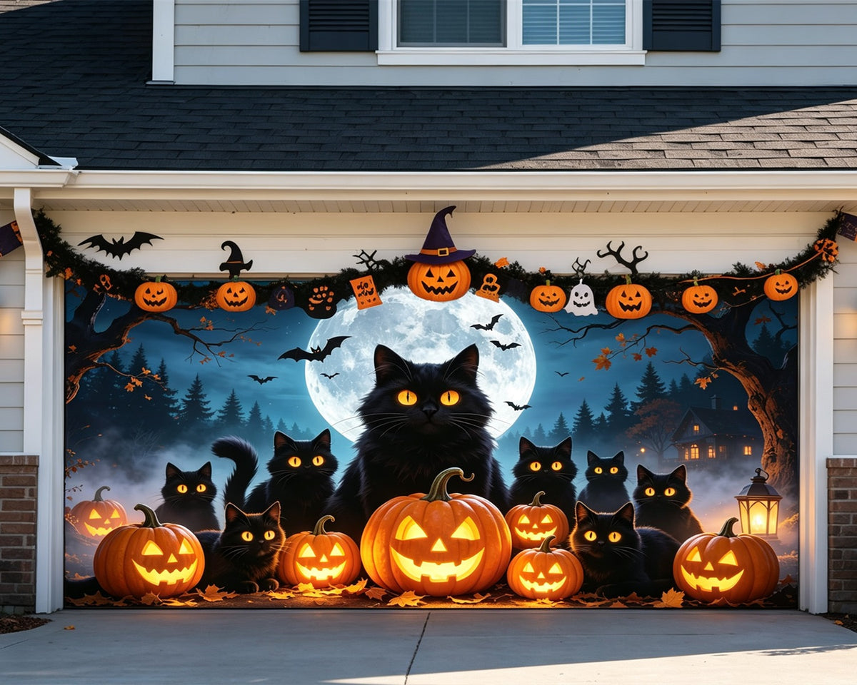 Black Cat Halloween Garage Door Cover Moonlit Pumpkin Lanterns Outdoor Halloween Garage Door Cover GQ68-8-2 car