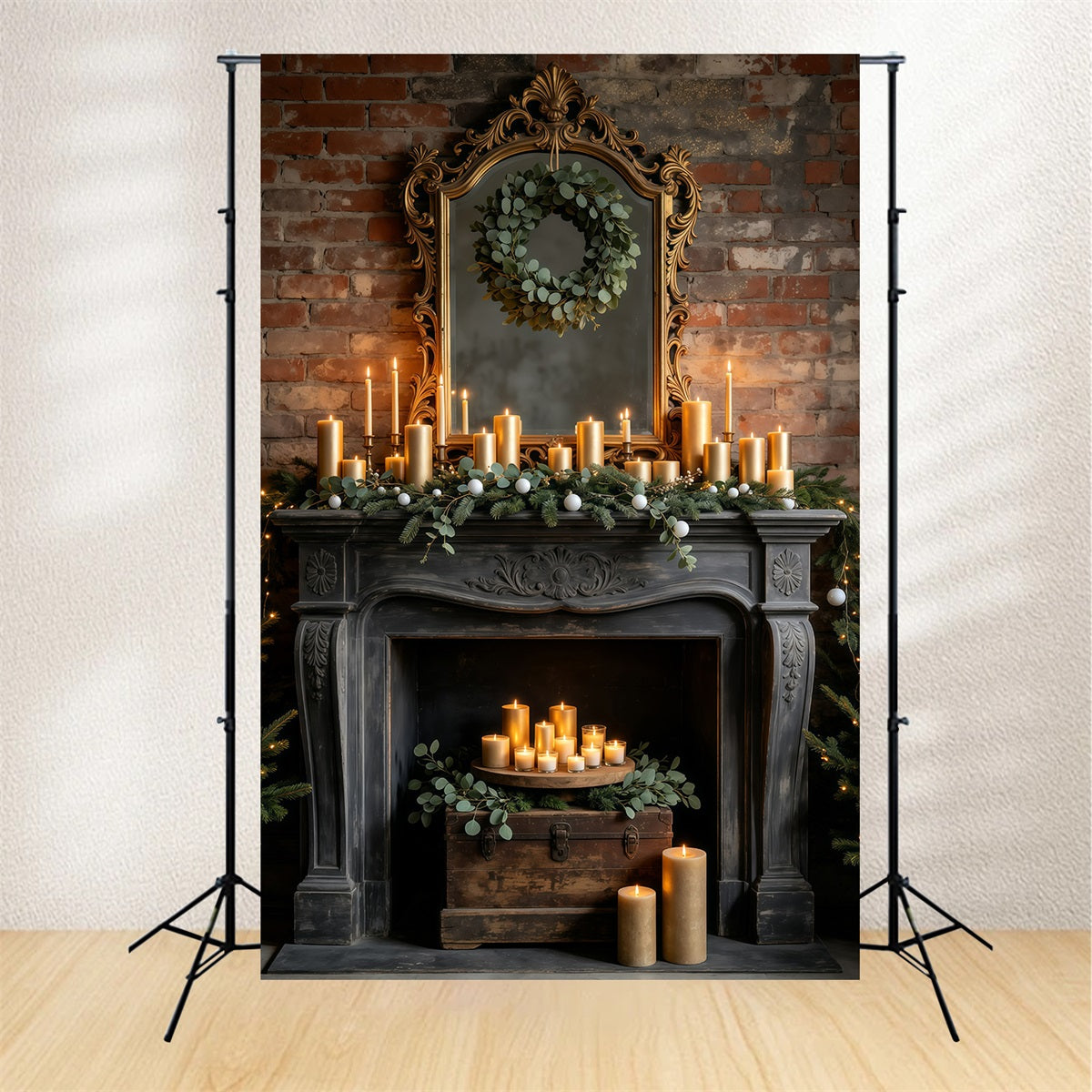 Christmas Fireplace Backdrop Vintage Mirror Candle Mantel Christmas Photo Backdrop GQ69-21