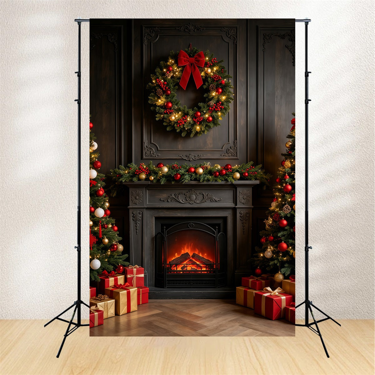 Dark Christmas Backdrop Vintage Fireplace Wreath Mantel Christmas Photography Backdrops GQ69-26