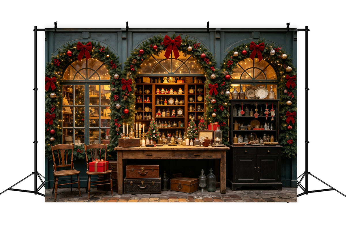 Christmas Storefront Backdrop Antique Shop Garland Window Christmas Wall Backdrop GQ69-29