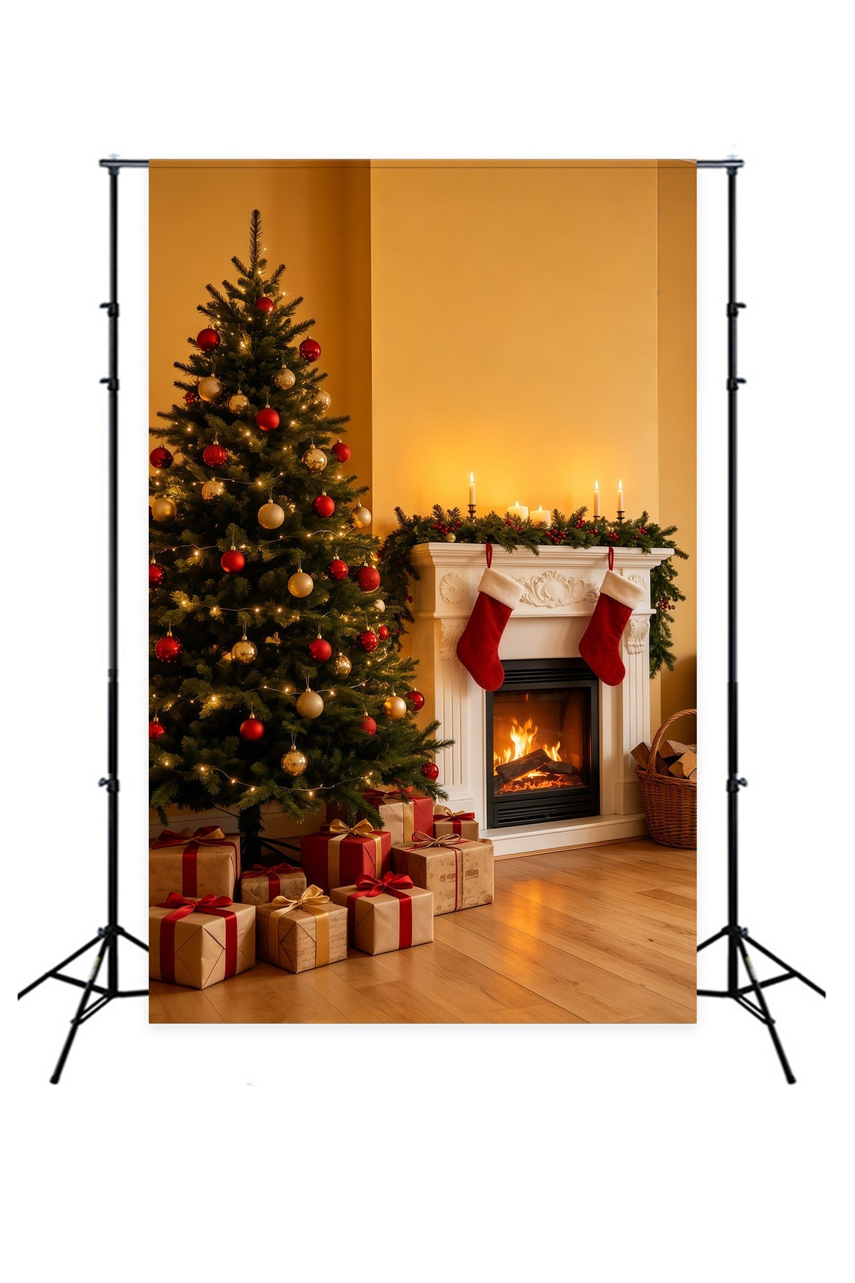 Cozy Christmas Backdrop Golden Fireplace Tree Corner Photo Backdrops Christmas GQ69-35