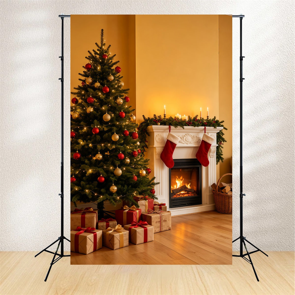 Cozy Christmas Backdrop Golden Fireplace Tree Corner Photo Backdrops Christmas GQ69-35