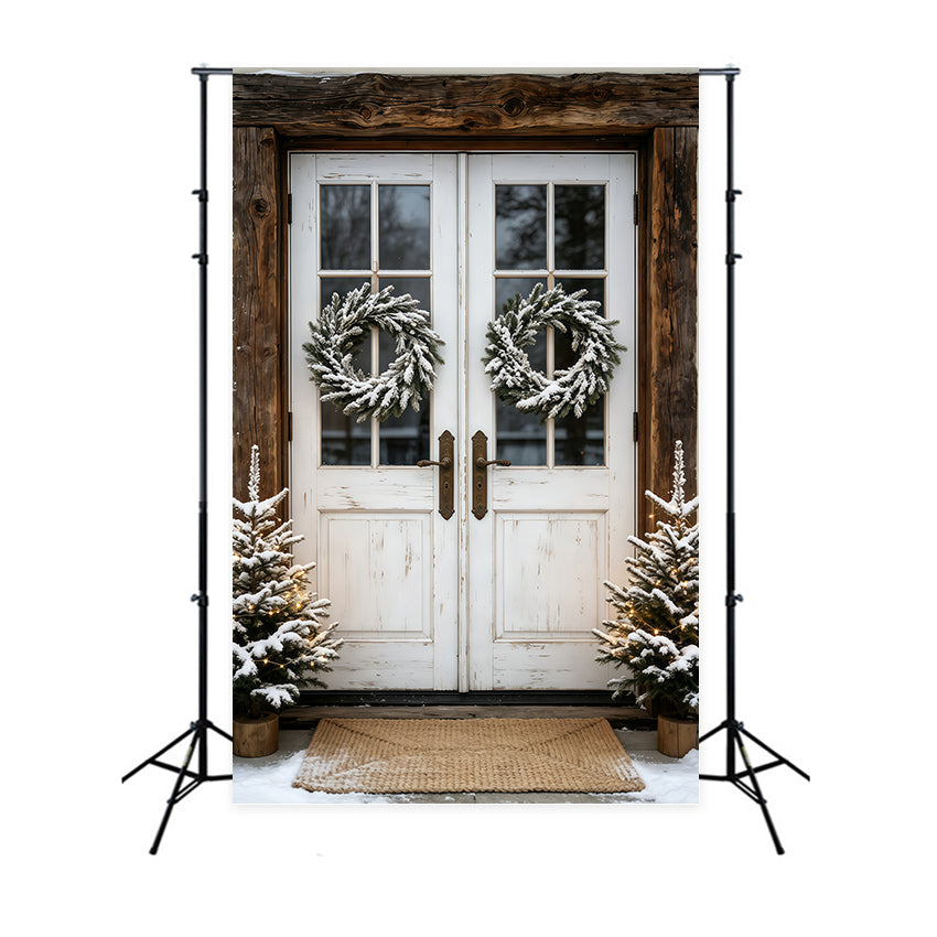 Outdoor Christmas Backdrop Snowy Double Door Wreath Studio Christmas Backdrops GQ69-45