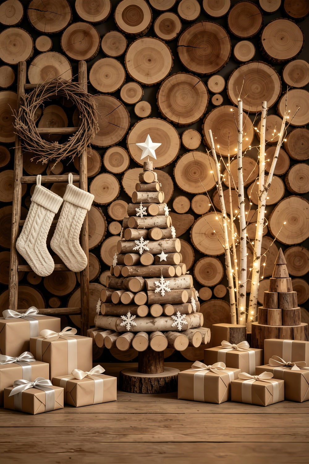 Rustic Christmas Backdrop Wood Log Wall Tree Display Christmas Muslin Backdrop GQ69-47