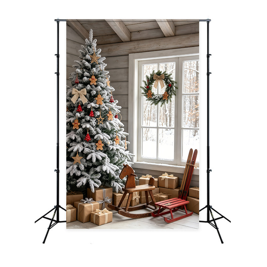 Christmas Cabin Backdrop Snowy Gingerbread Tree Room Christmas Indoor Backdrop GQ69-48
