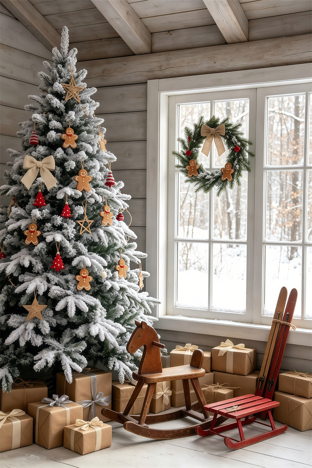 Christmas Cabin Backdrop Snowy Gingerbread Tree Room Christmas Indoor Backdrop GQ69-48