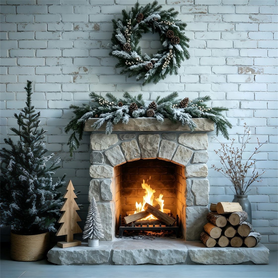 Christmas Fireplace Backdrop Frosted Garland Brick Wall Muslin Backdrop Christmas GQ69-53