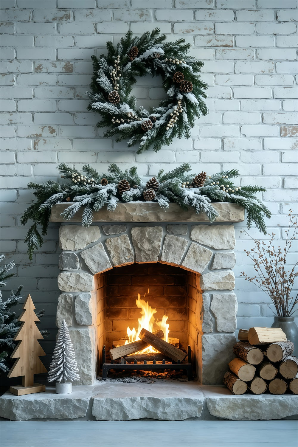 Christmas Fireplace Backdrop Frosted Garland Brick Wall Muslin Backdrop Christmas GQ69-53
