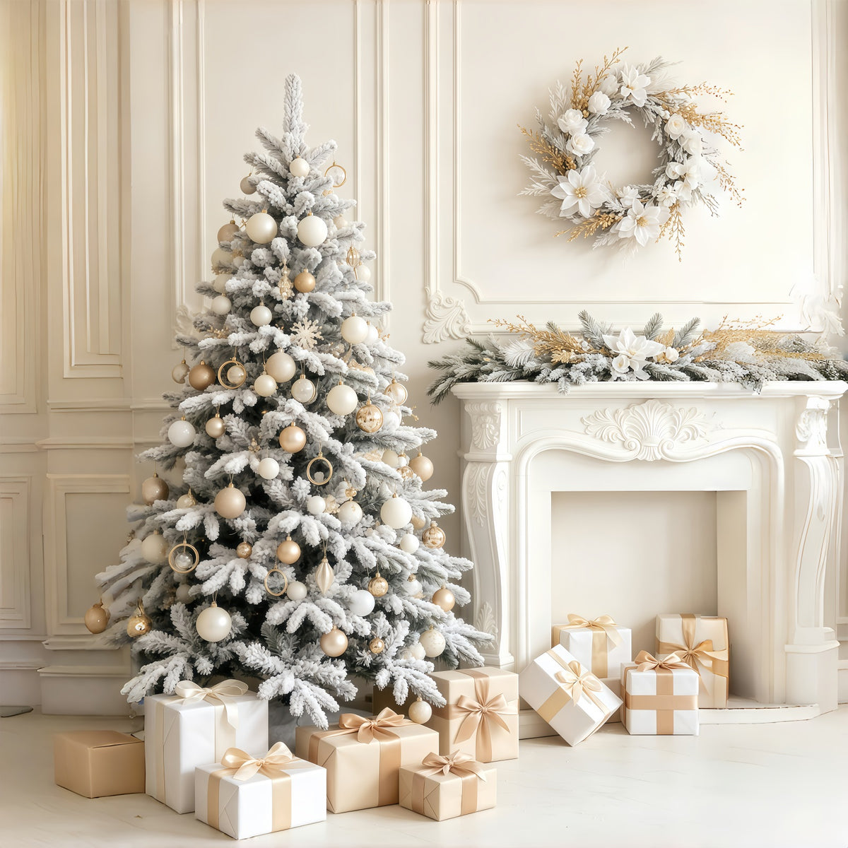 Elegant Christmas Backdrop Snowy White Tree Fireplace Room Christmas Backdrop GQ69-56