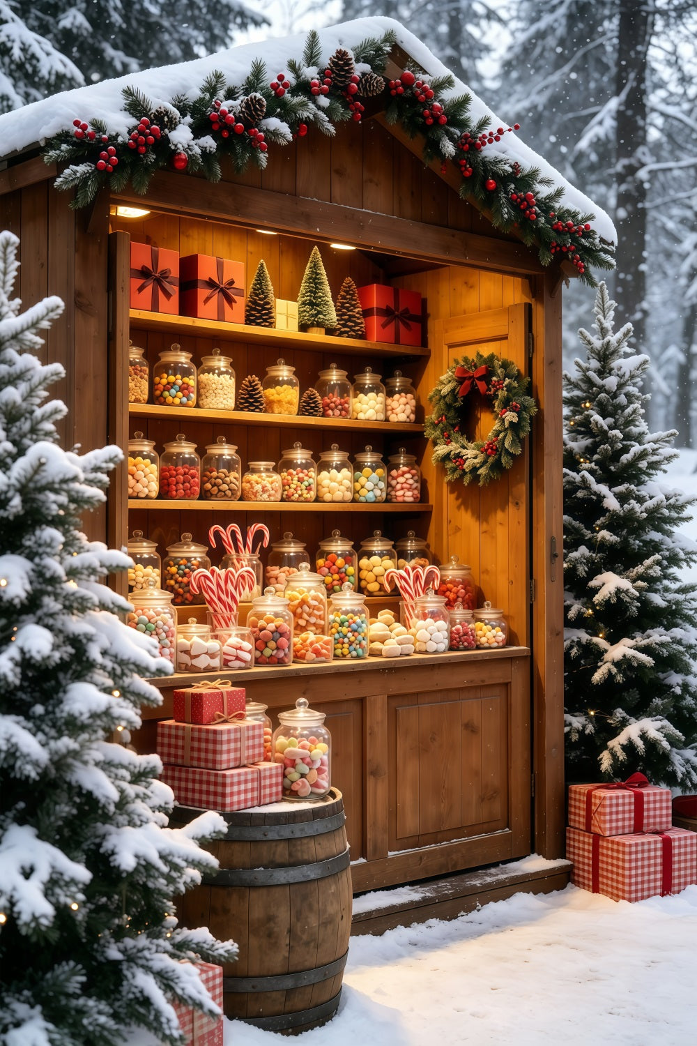 Snowy Christmas Backdrop Rustic Candy Jar Market Stall Christmas Photo Backdrops GQ69-59