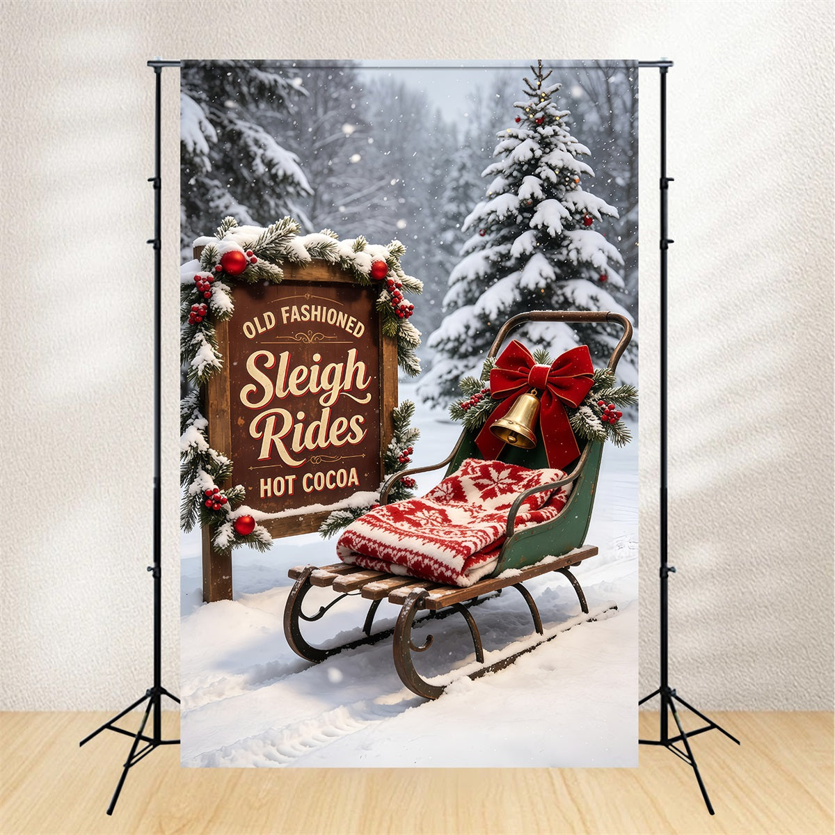 Christmas Sleigh Backdrop Vintage Library Tree Room Professional Christmas Backdrops GQ69-62