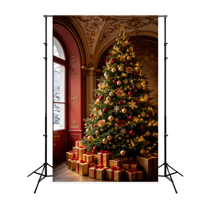 Victorian Christmas Backdrop Royal Red Hall Tree Large Christmas Backdrops GQ69-65