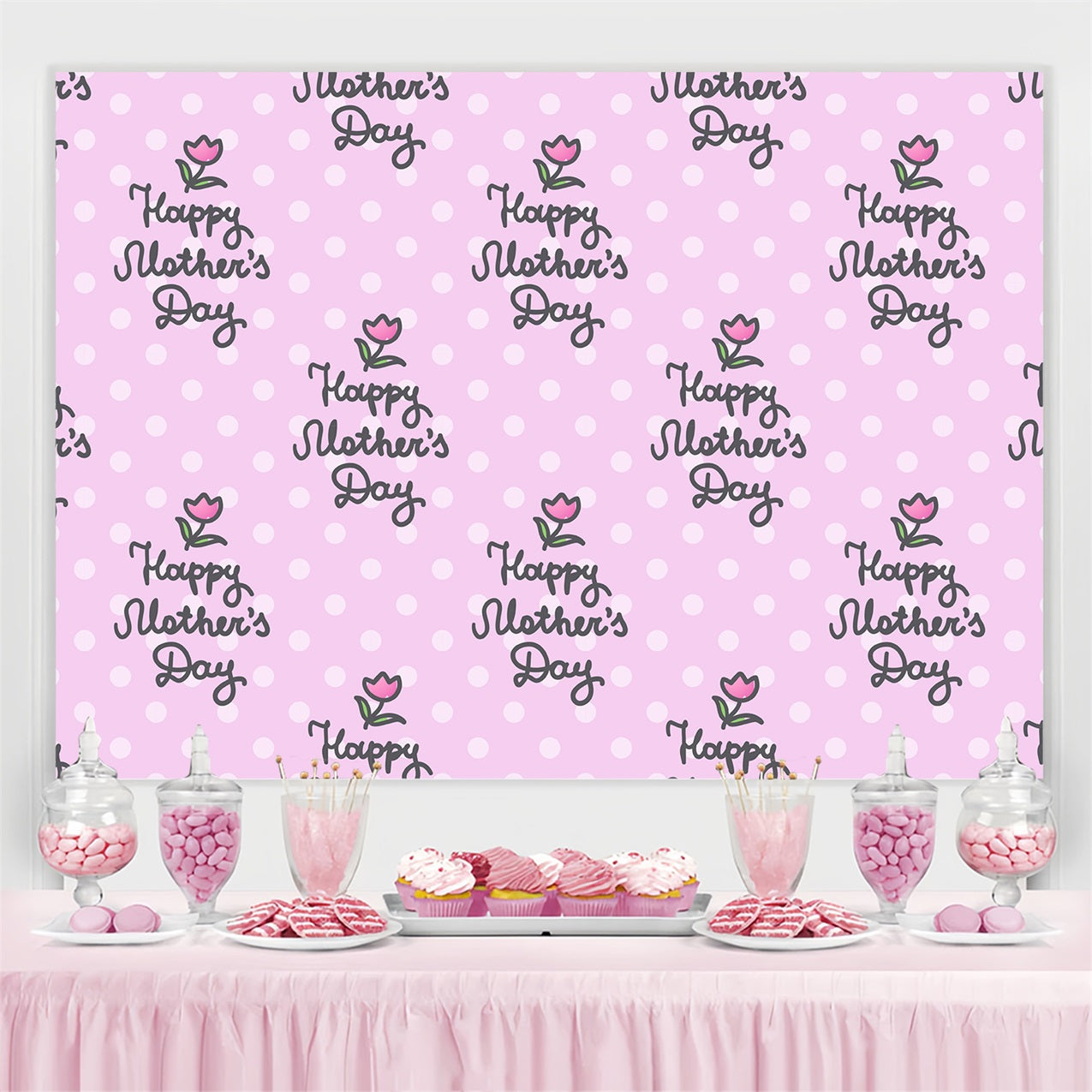 Mothers Day Backdrop Pink Polka Dot Tulip Customized Backdrop GTY3-177
