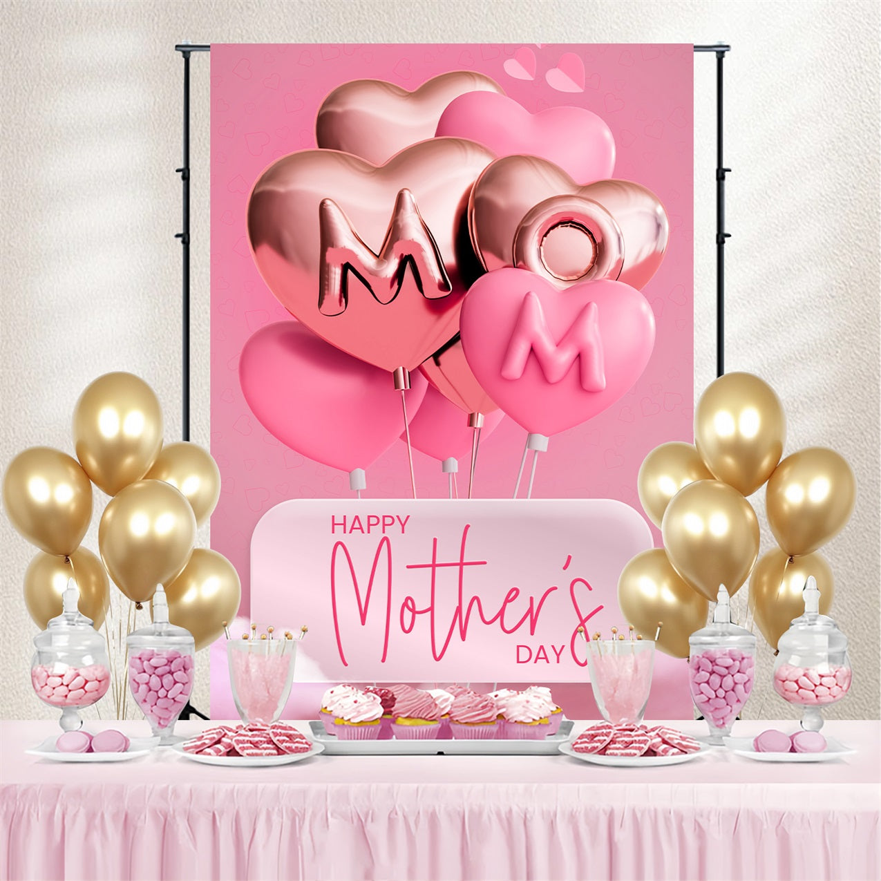 Mother Day Backdrop Pink Heart Balloons Personalized Backdrop GTY3-210