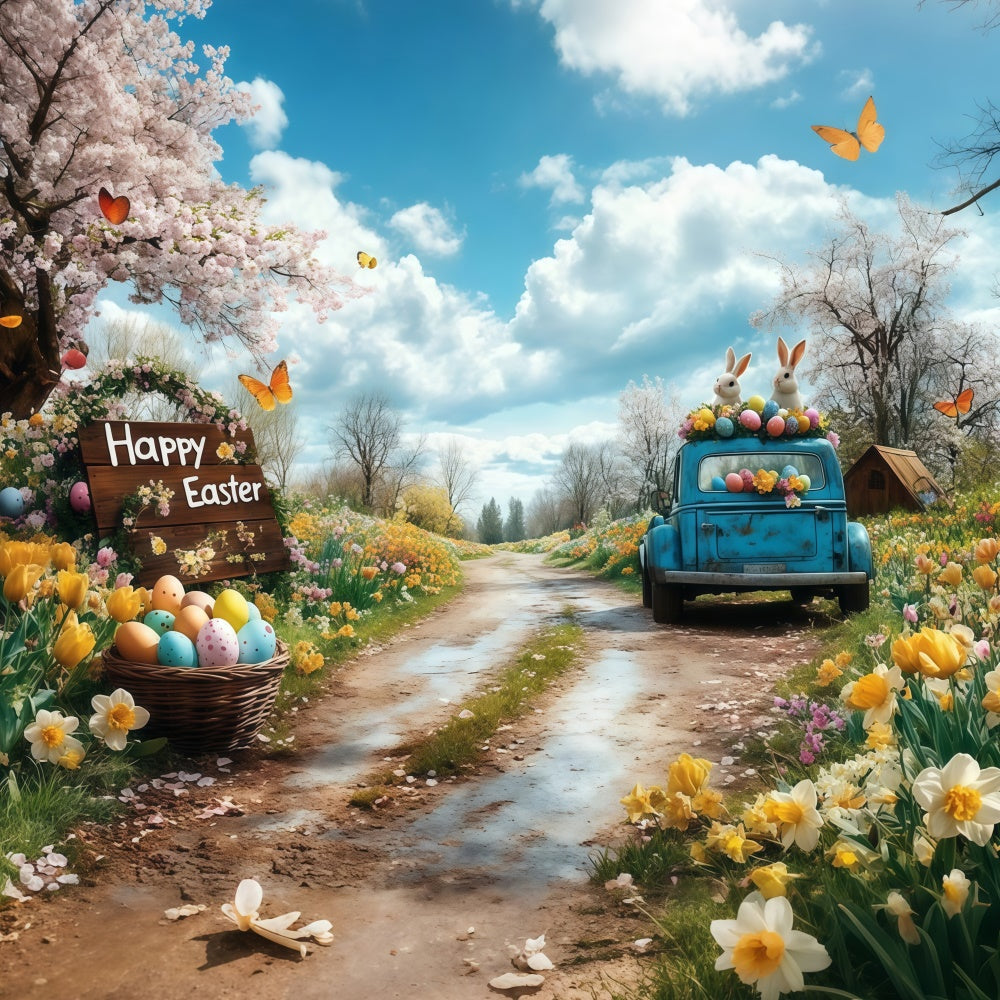Easter Backdrops Photography Retro Truck Egg Meadow Backdrop GTY3-245