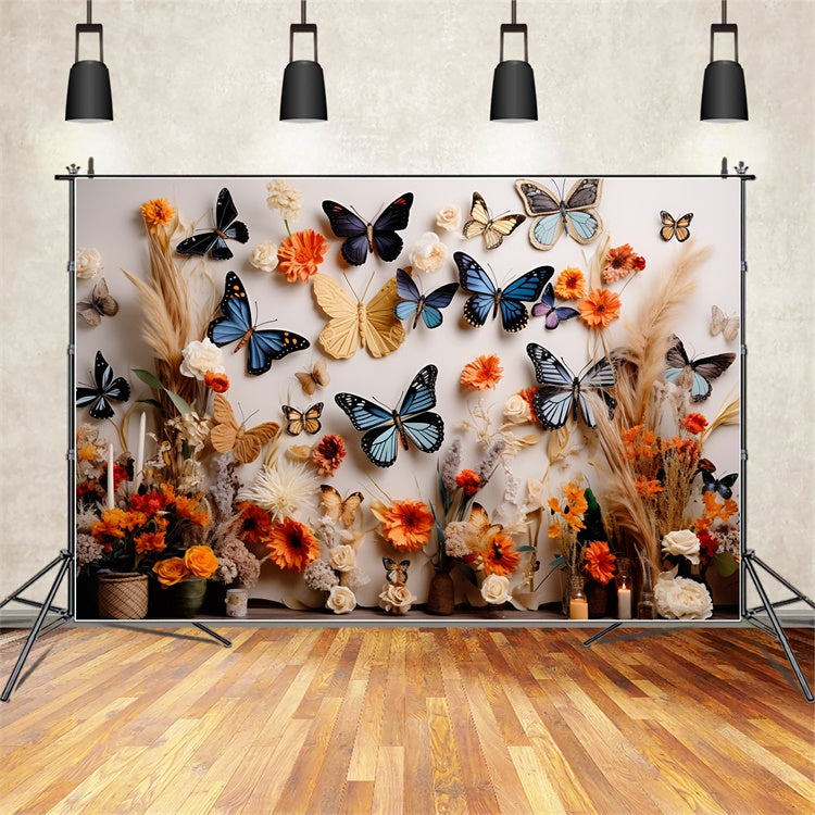 Summer Photo Backdrop Rustic Orange Flower Butterfly Backdrop GTY3-396