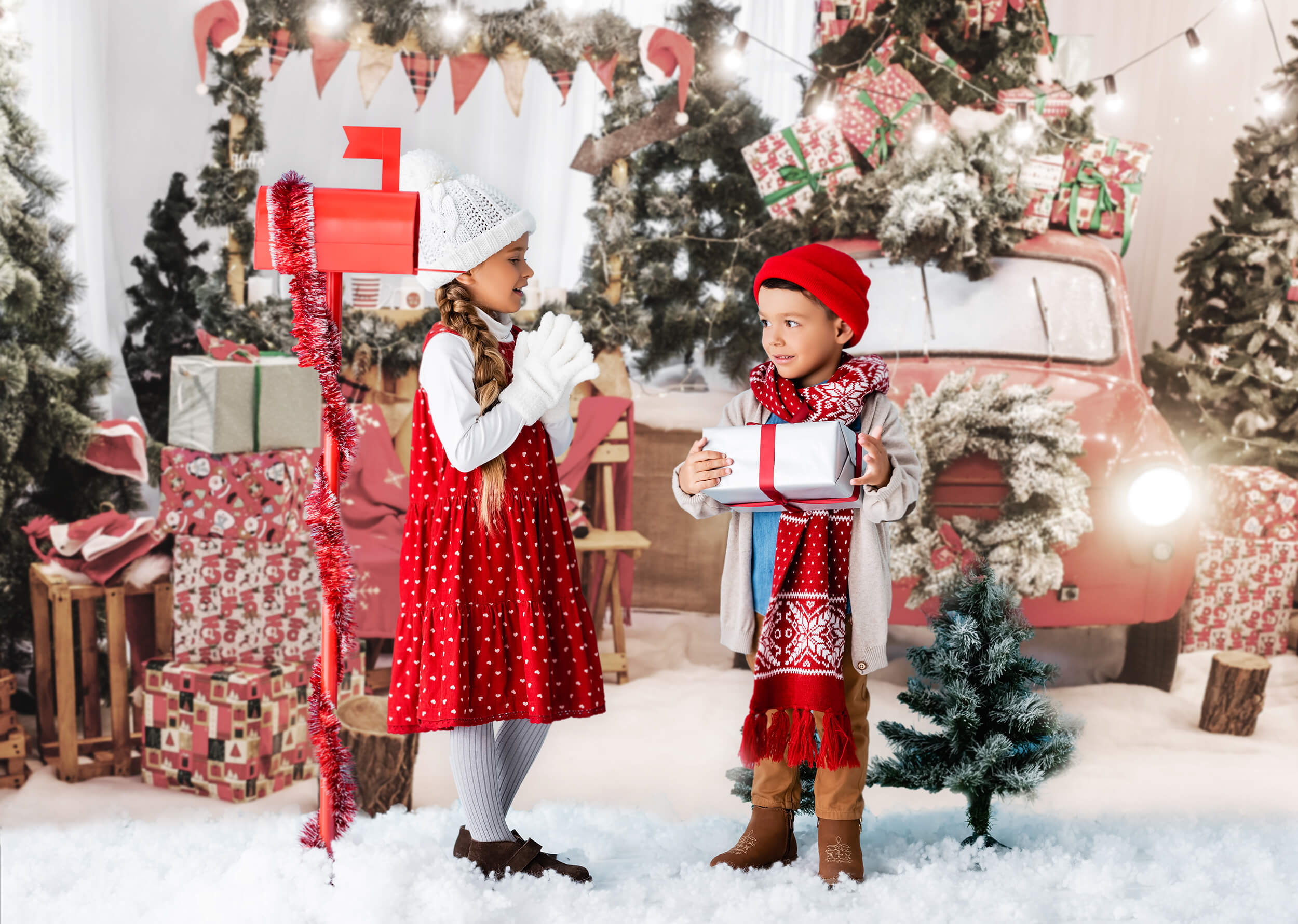 Red Car  Christmas  Decor New Year Lights Photo Backdrop KAT-181