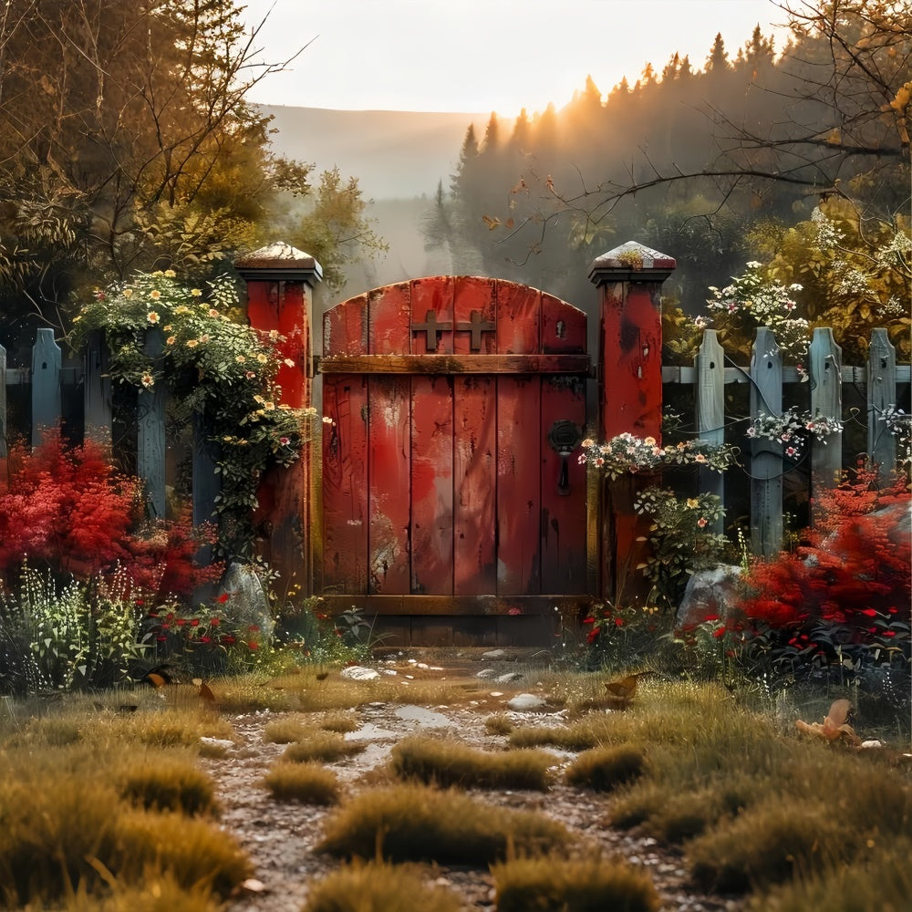 Pet Backdrop Vintage Wooden Fence Floral Path Backdrop LXX1-284