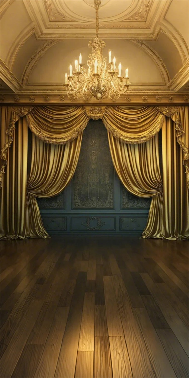 Vintage Wall Backdrop Gold Curtain Crystal Chandelier Sweep Backdrop LXX2-295