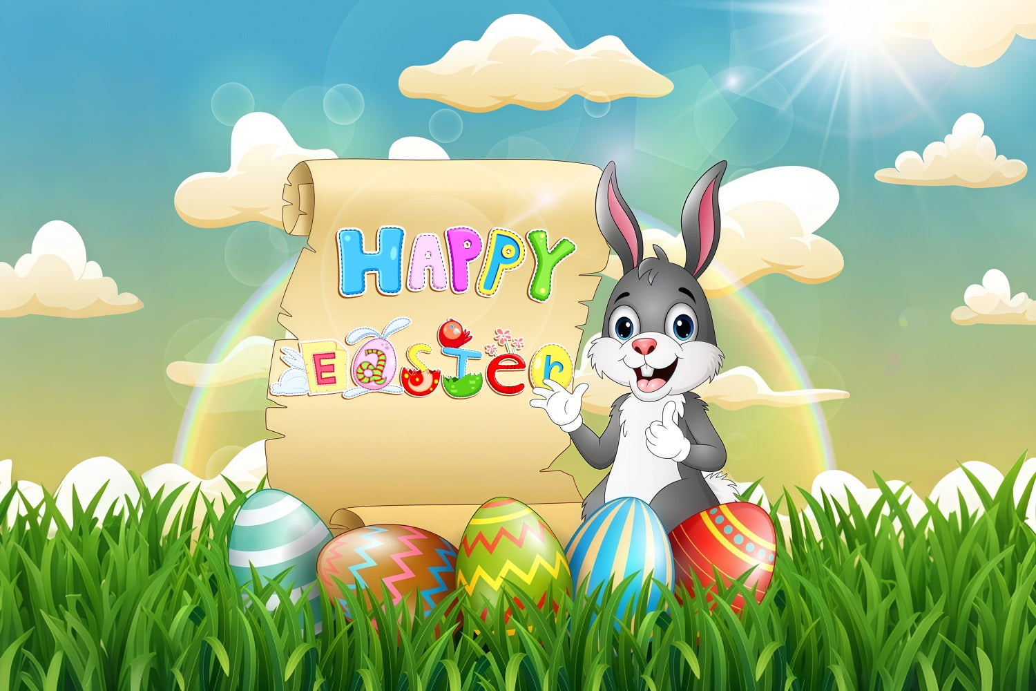 Easter Backdrop Ideas Happy Scroll Bunny Personalized Backdrop LXX3-100