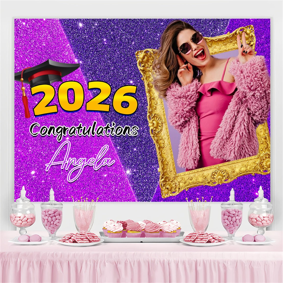 Custom Graduation Backdrop Shiny Purple Frame Graduation Party Backdrop LXX4-176