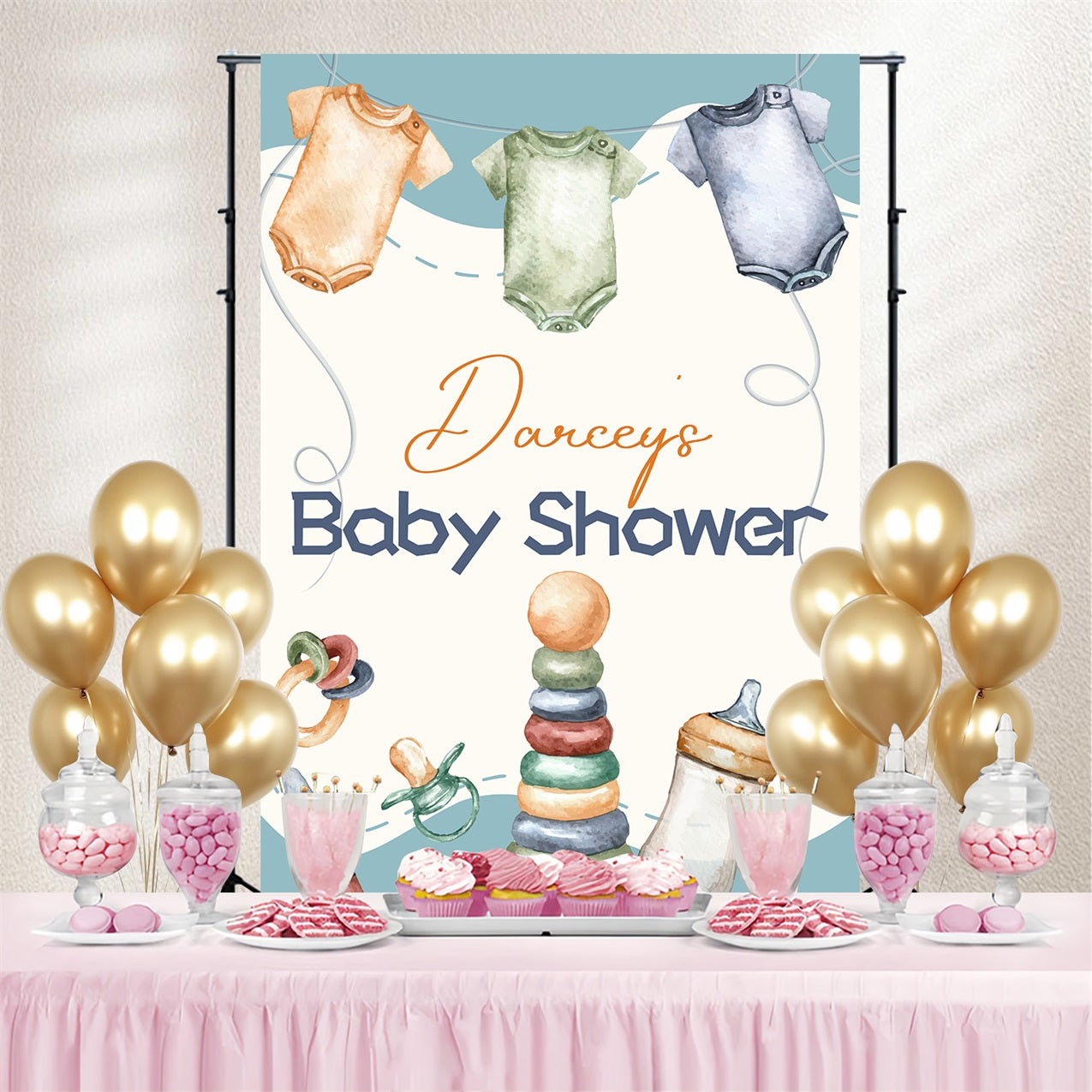 Baby Shower Backdrop Boy Onesie Toys Decor Personalized Backdrop LXX4-186