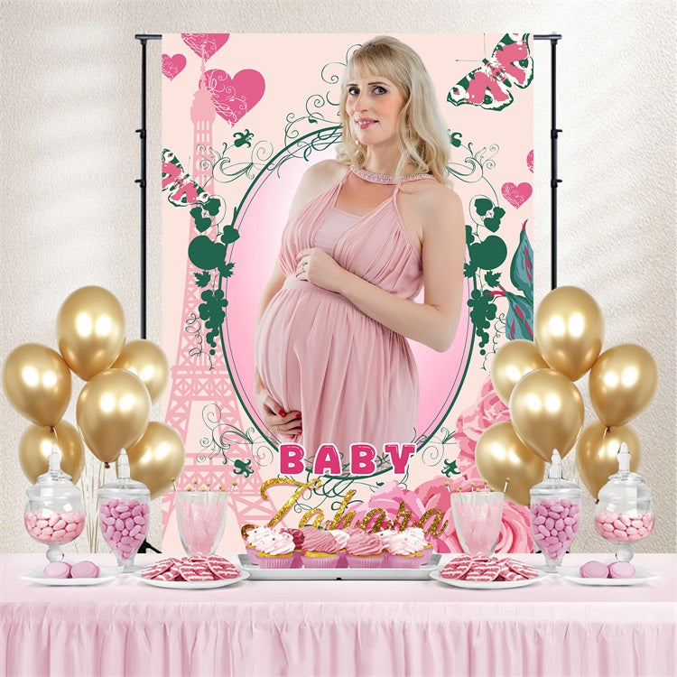 Baby Shower Backdrop Girl Butterfly Eiffel Tower Floral Custom Backdrop LXX4-189