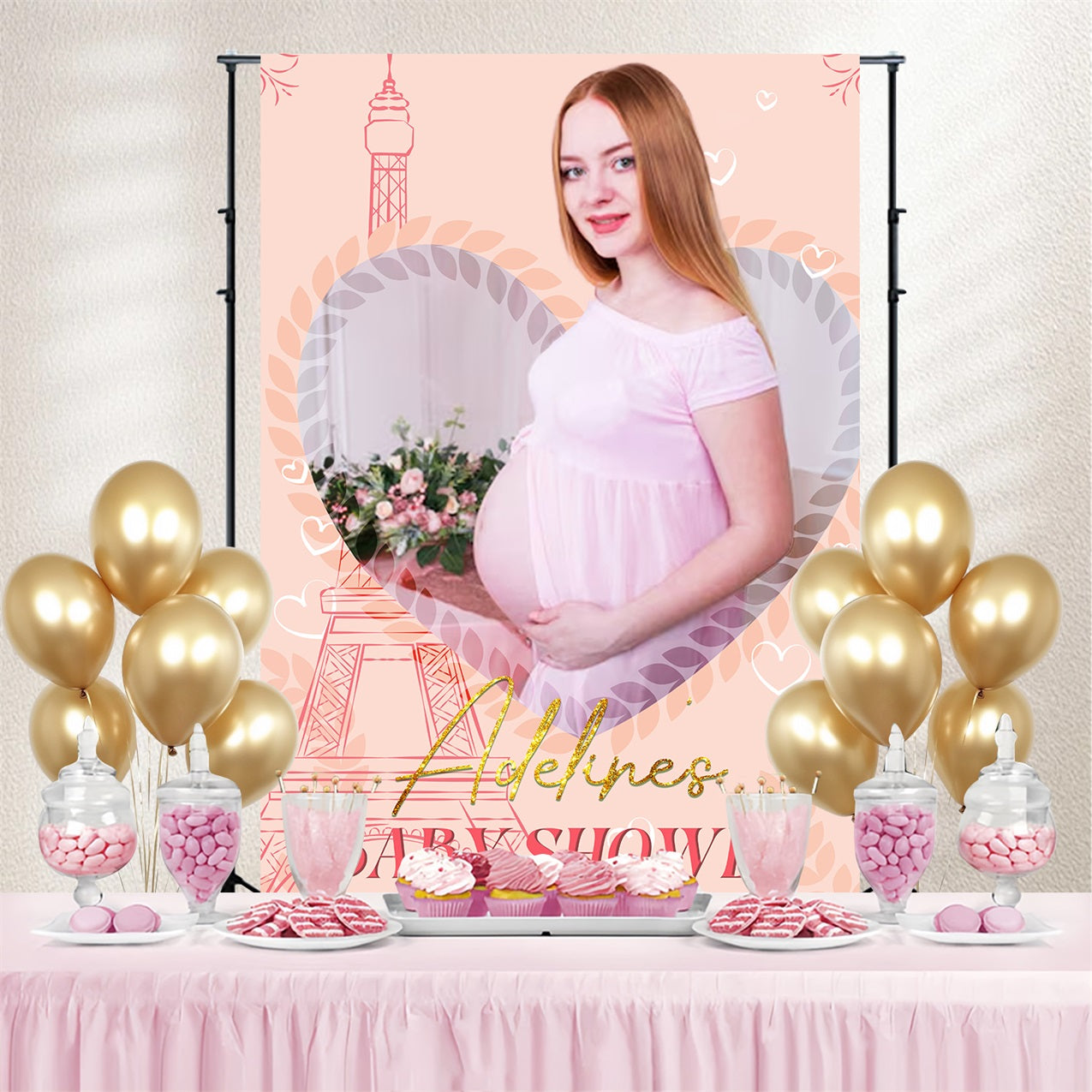 Baby Shower Photo Backdrop Heart Eiffel Tower Personalized Backdrop LXX4-190