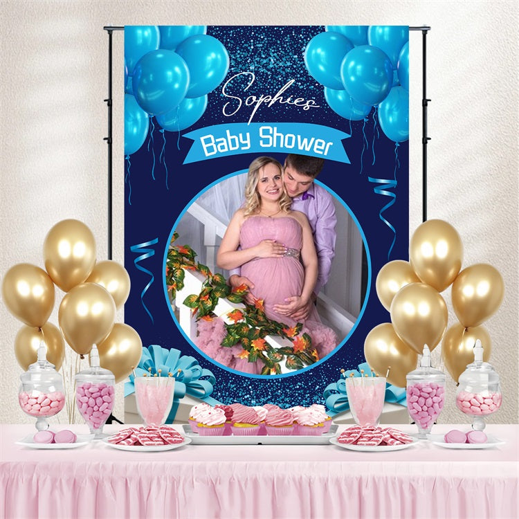 Baby Shower Backdrops Blue Gift Balloon Personalised Backdrop LXX4-196
