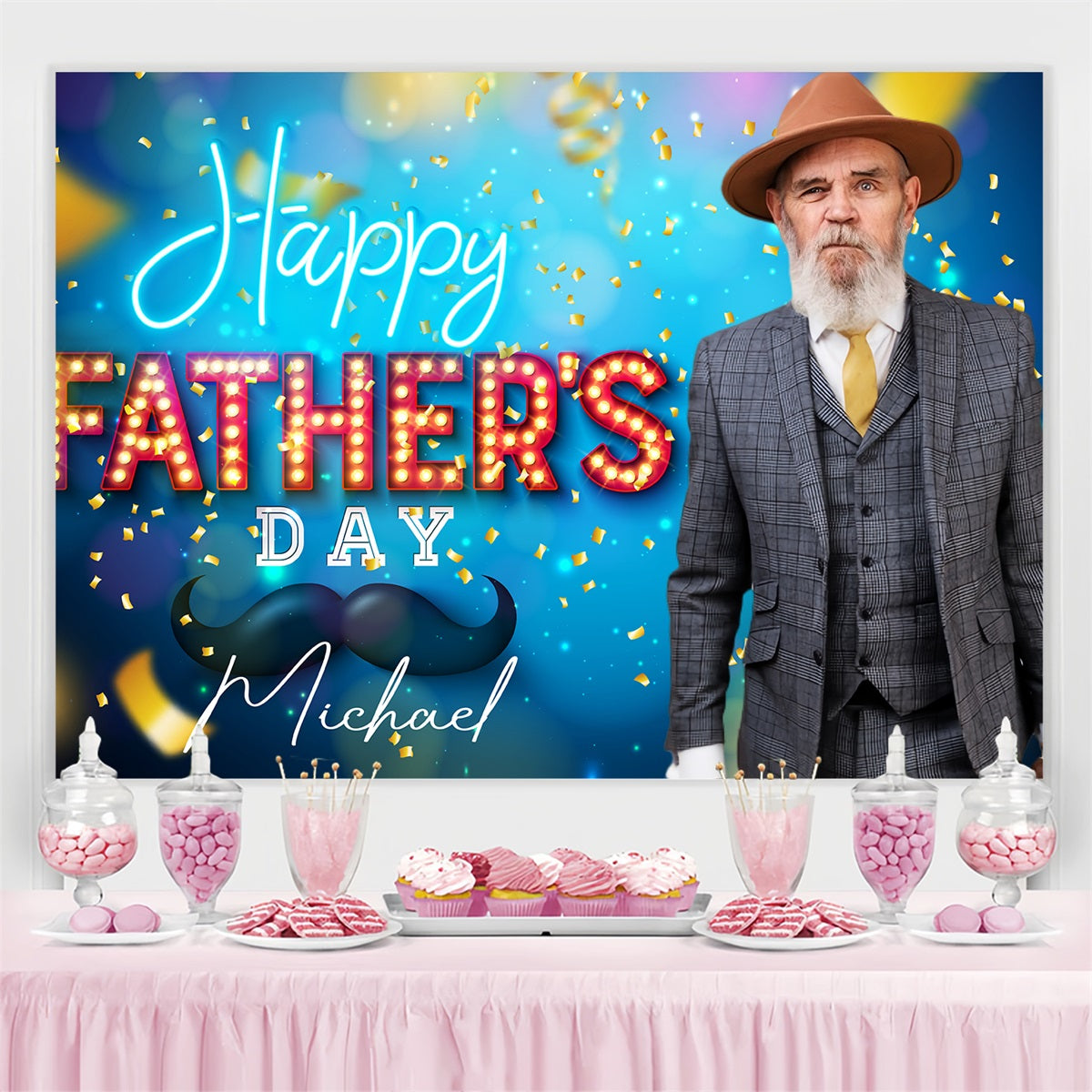 Happy Fathers Day Backdrop Neon Light Confetti Personalised Backdrop LXX4-64
