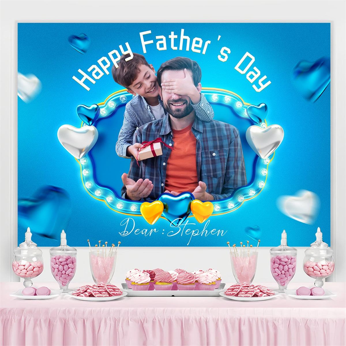 Backdrop Father's Day Blue Hearts Personalised Backdrop LXX4-75