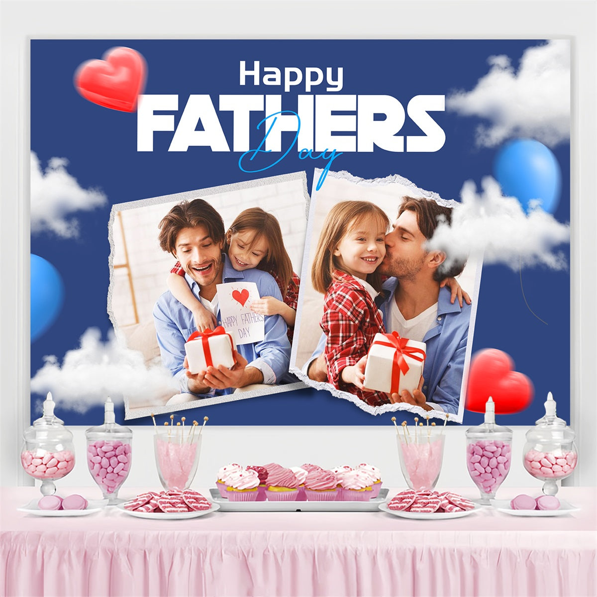 Fathers Day Photo Backdrop Cloudy Hearts Balloons Personalised Backdrop LXX4-83